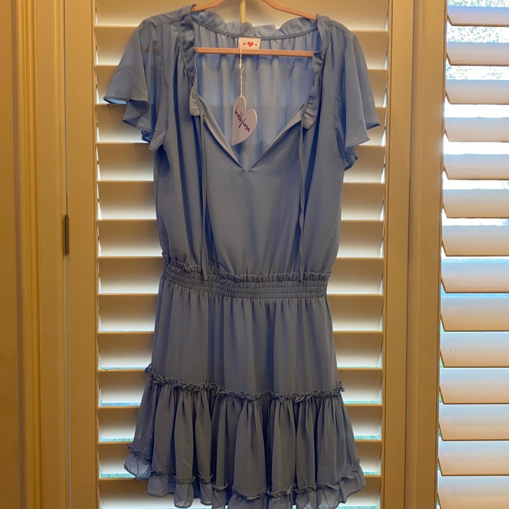 Brand New Buddy Love Roxy Flutter Sleeve Mini Dress size Large in Powder Blue
